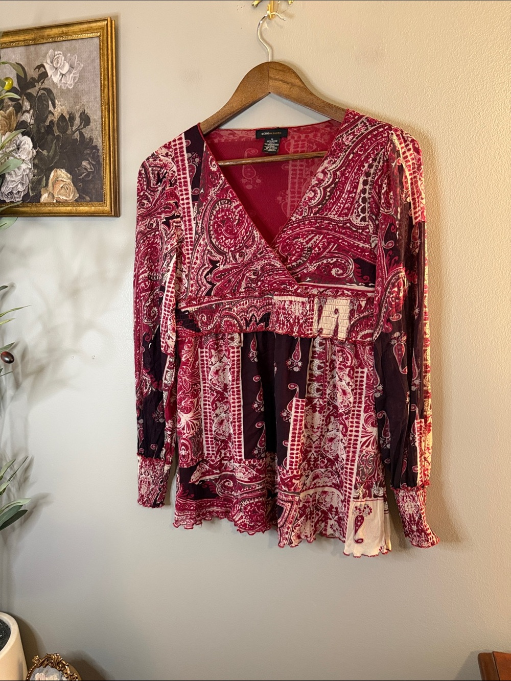 BCBGMAXAZRIA Paisley Boho Smocked Waist Long Sleeve Blouse M - Picture 4 of 8